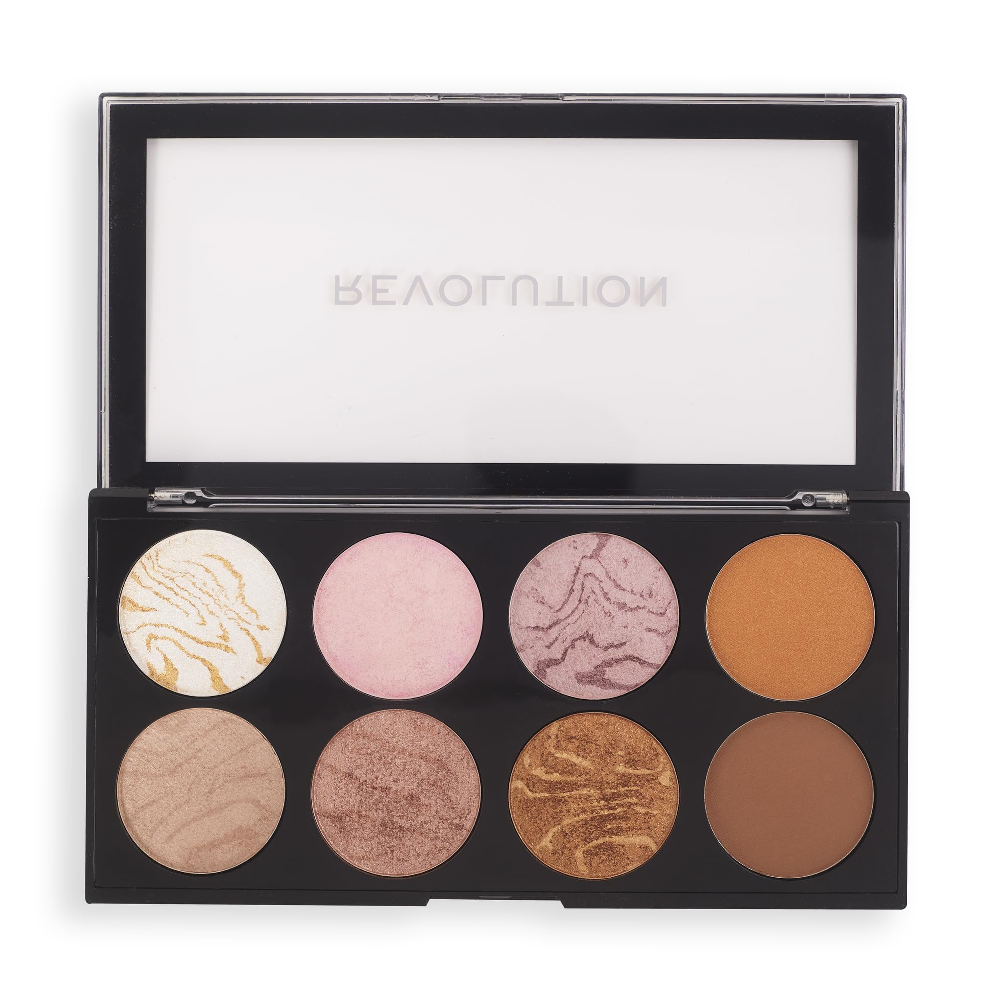 Revolution Beauty London front view of Ultra Blush Palette showing eight shades and travel-friendly case, versatile