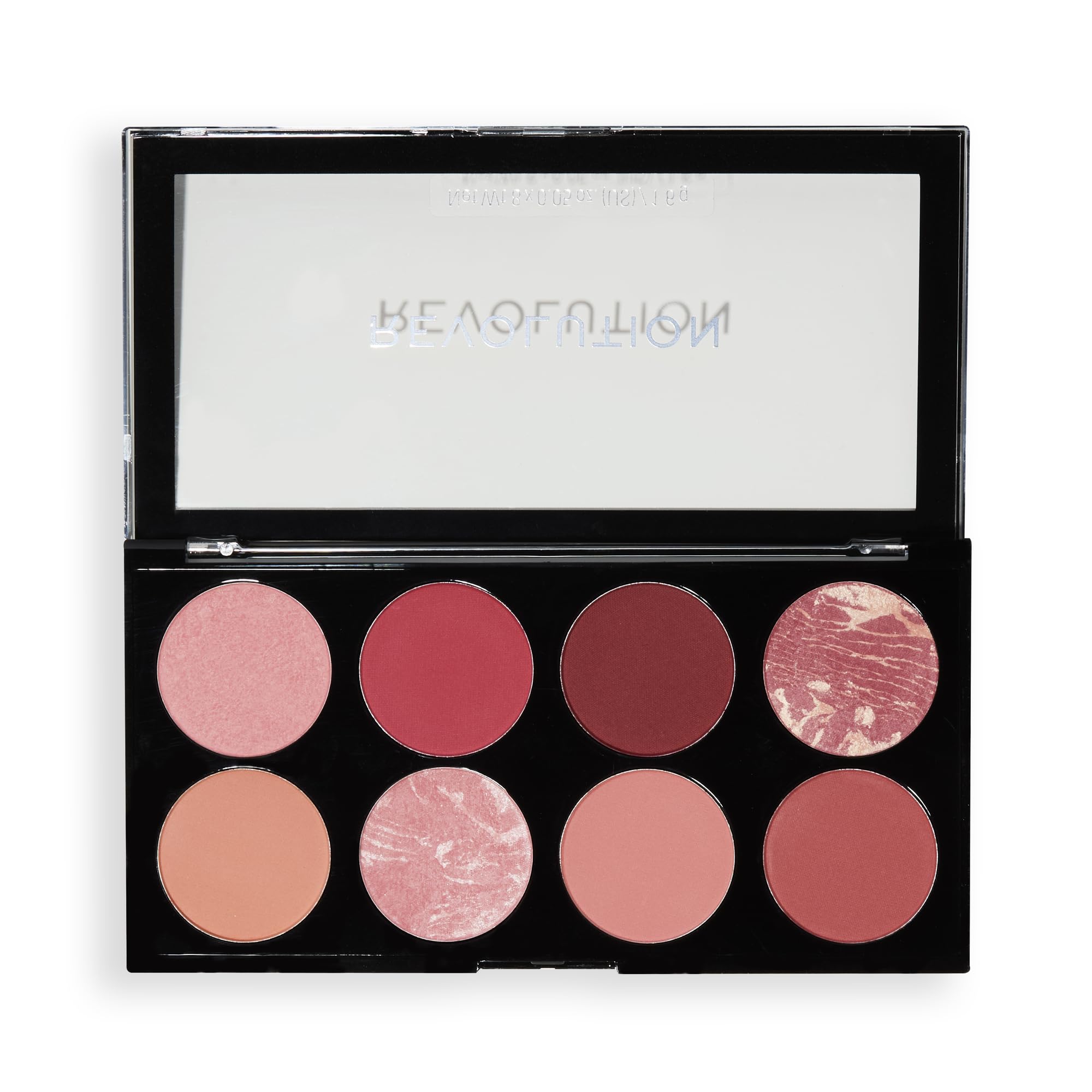 Revolution Beauty London front view of Sunset Burst palette showing eight shades and compact benefit