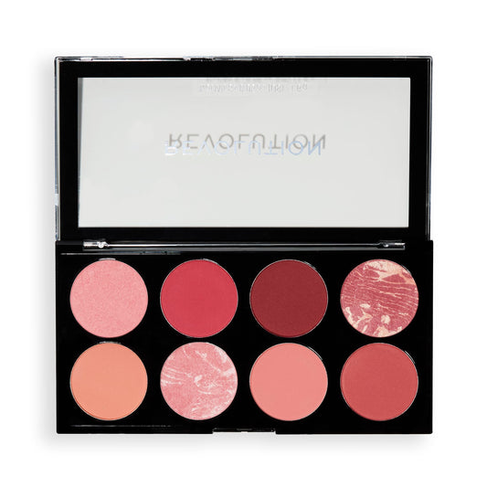Revolution Beauty London front view of Sunset Burst palette showing eight shades and compact benefit