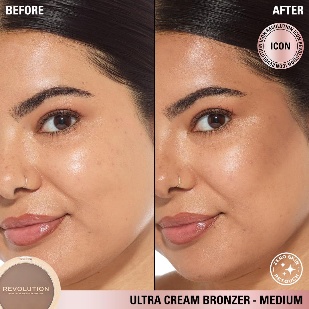 Revolution Beauty London bronzer applied to cheek demonstrating natural warmth and contour