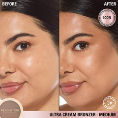 Revolution Beauty London bronzer applied to cheek demonstrating natural warmth and contour