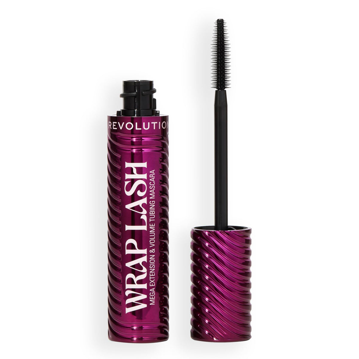 Revolution Beauty London front packaging shows burgundy tubing mascara and chrome bottle for luxe look