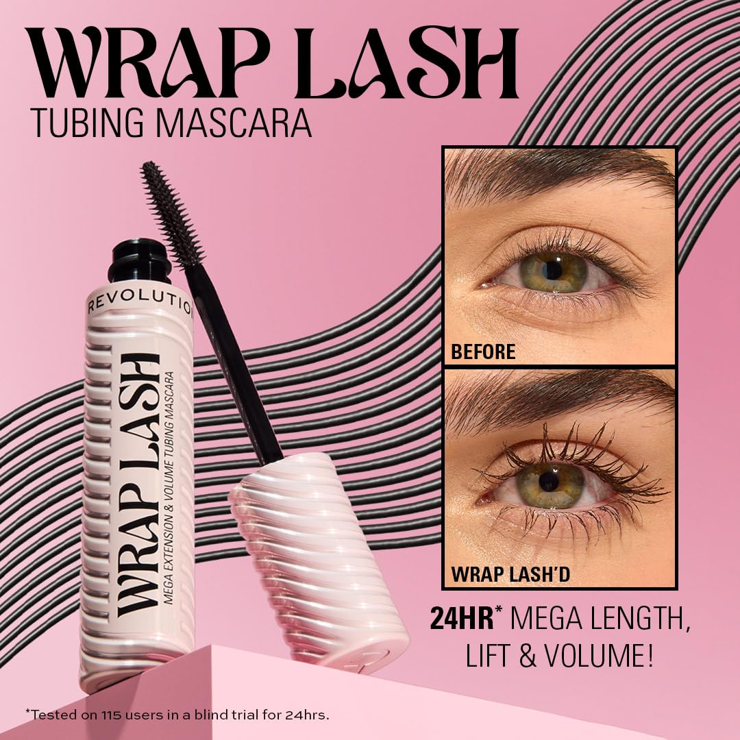 Revolution Beauty London mascara applied on model lashes for visible length and rich burgundy colour