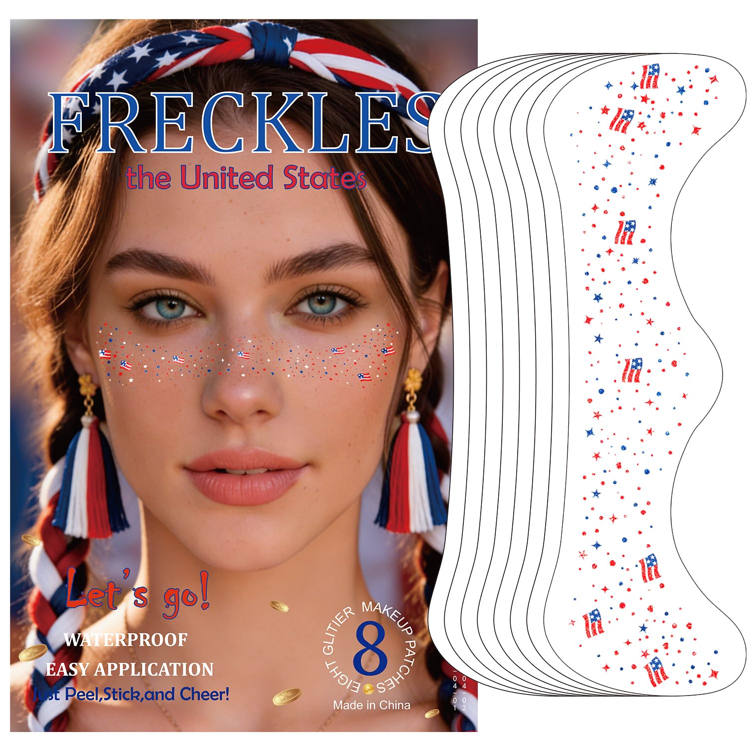 RG ROUGE LX front packaging showing eight patriotic glitter freckle sheets for easy gifting