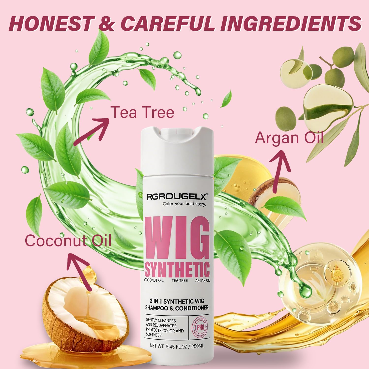 Tea tree leaves and coconut halves beside RG ROUGE LX highlighting natural actives