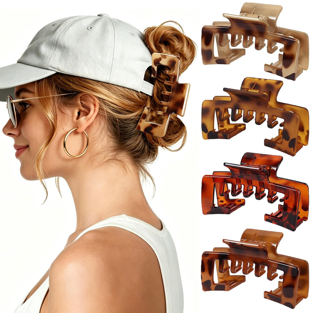 Rhavelune front view of four tortoise shell hat-friendly clips showing size and packaging benefit organization