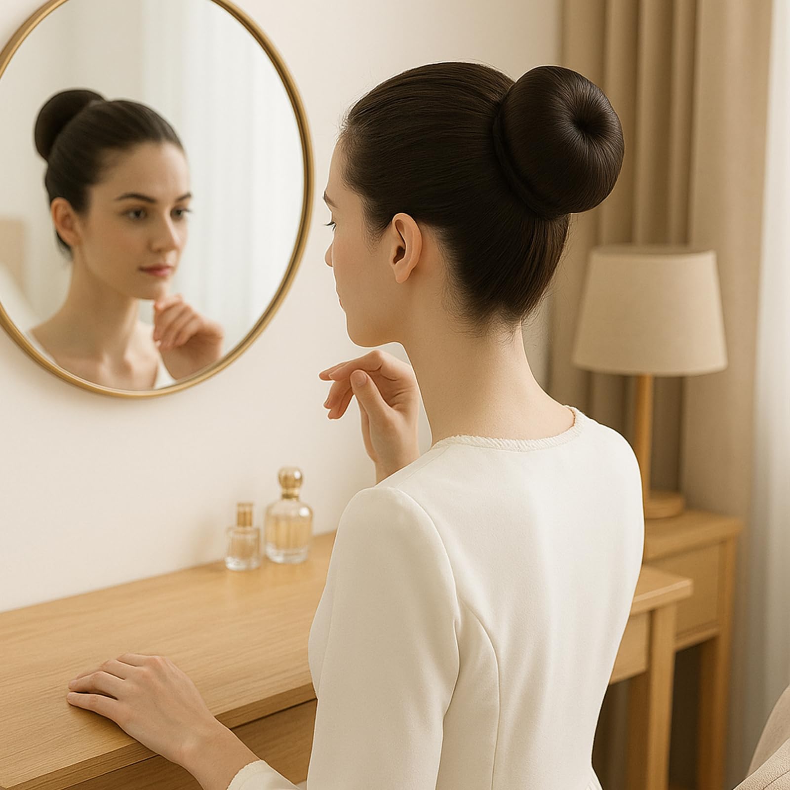 RhHycc model wearing a neat ballerina bun demonstrating finish