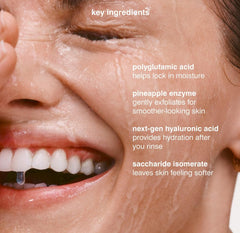 Rhode cleanser in-use during a wash routine, demonstrates gentle cleansing and refreshed skin