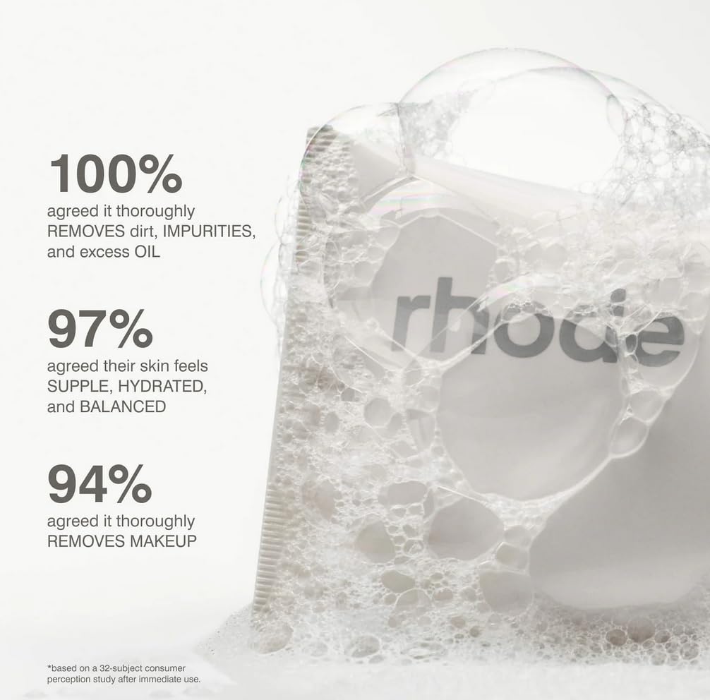 Rhode cleanser texture close-up on fingertip, shows smooth lather and hydrating finish