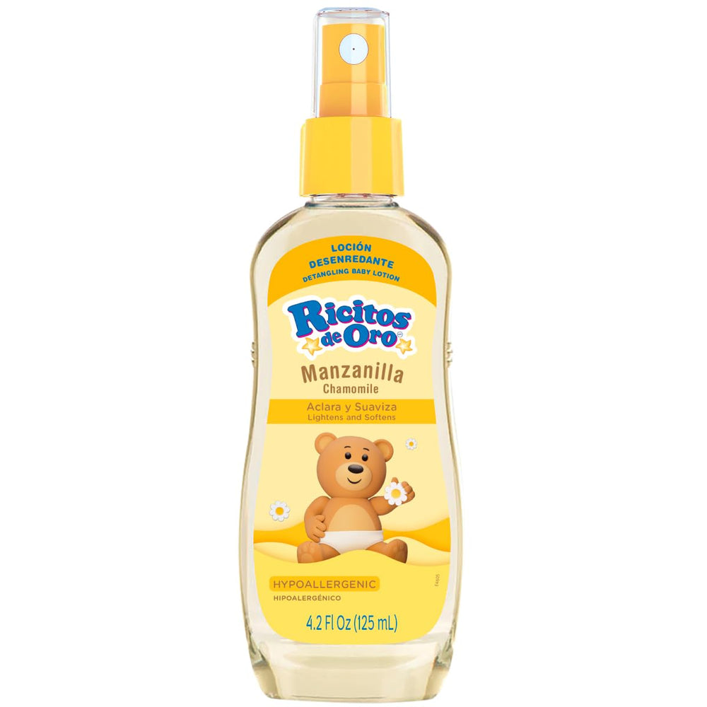 Ricitos de Oro front bottle showing chamomile label and easy-to-use cap, highlights convenience