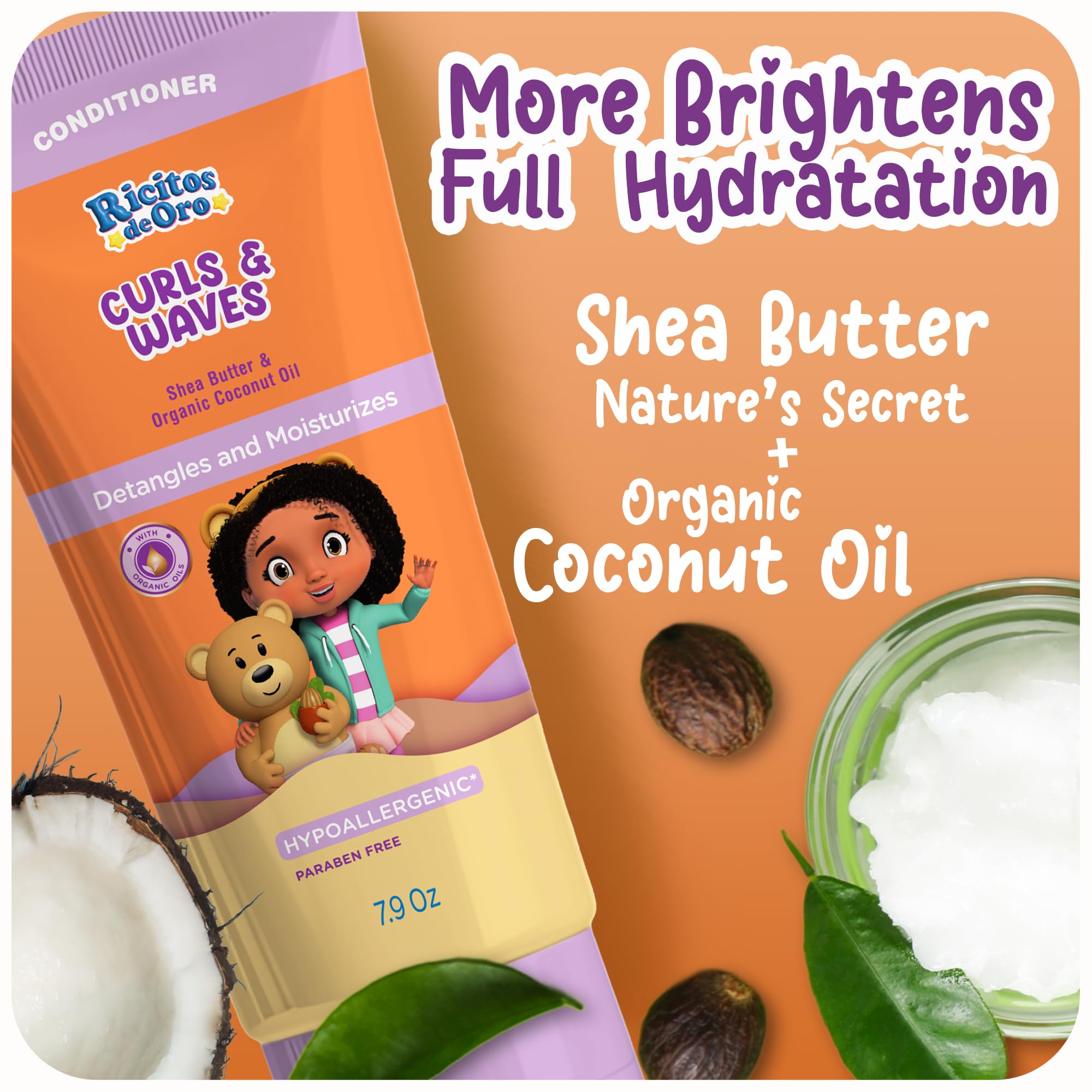 Ricitos de Oro child applying conditioner demonstrating gentle detangling benefit