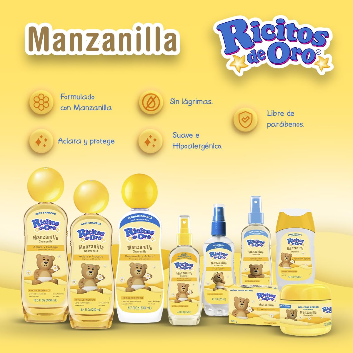 Ricitos de Oro lotion texture close-up showing creamy chamomile formula for smooth shine