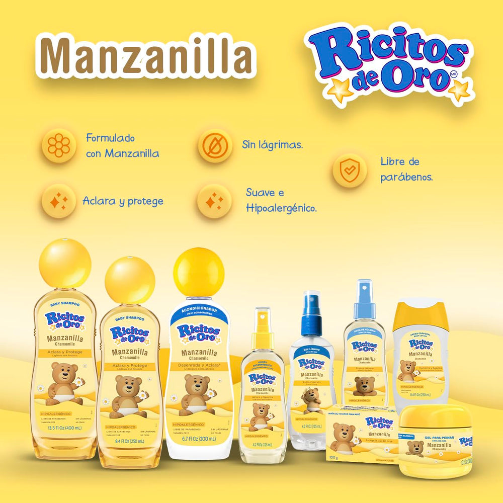 Ricitos de Oro lotion texture close-up showing creamy chamomile formula for smooth shine