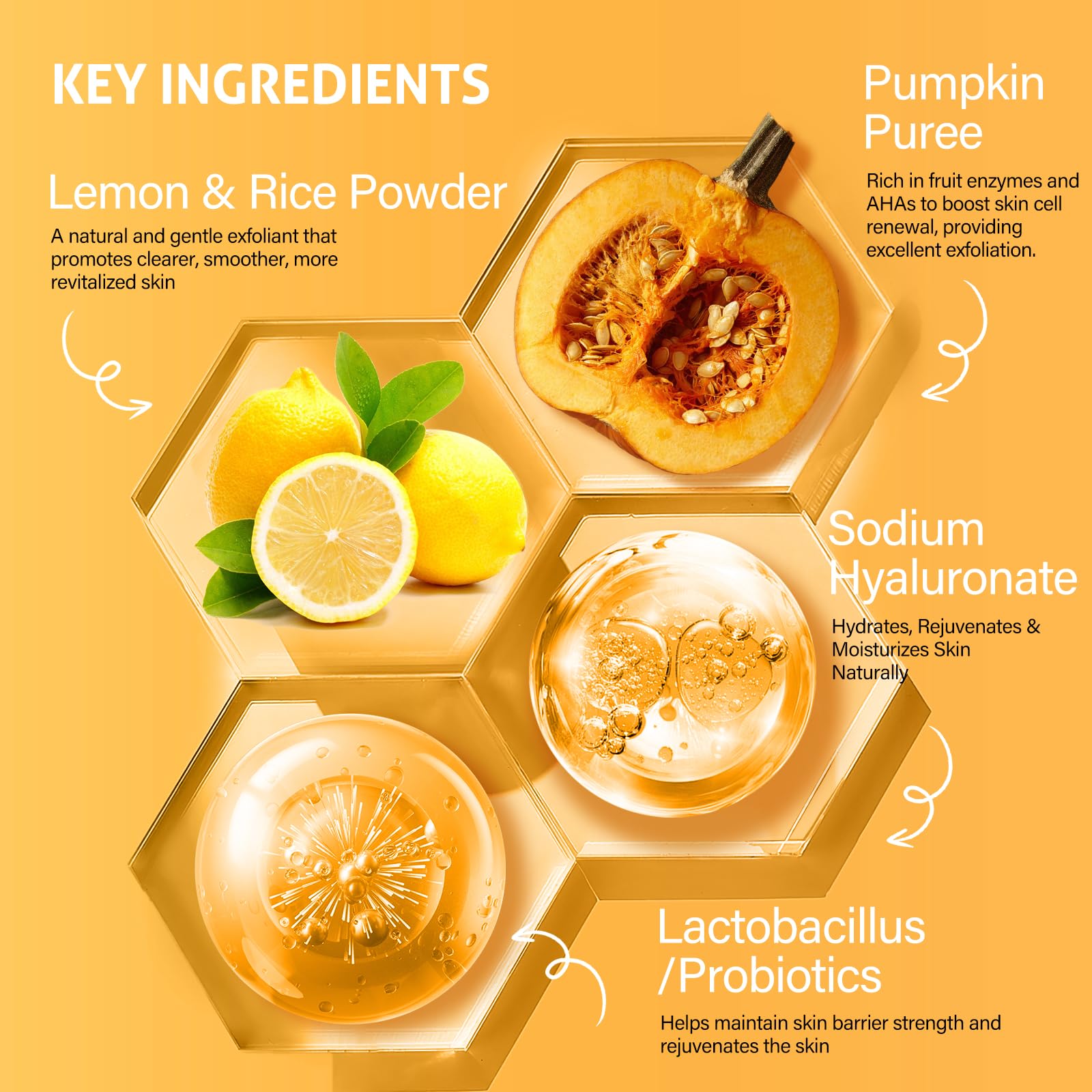 RIHAKO pumpkin and fruit enzymes alongside mask illustrating natural actives for brightening benefit