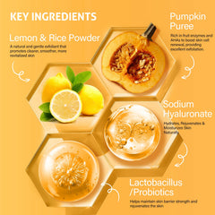RIHAKO pumpkin and fruit enzymes alongside mask illustrating natural actives for brightening benefit