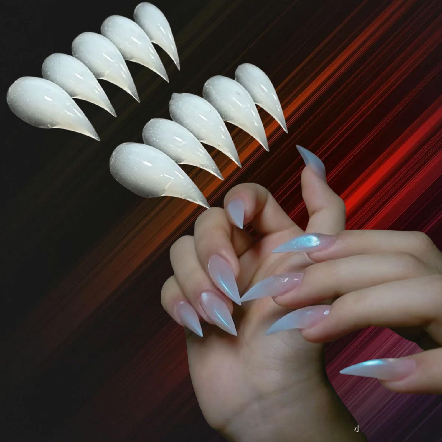 RIICFDD short stiletto extensions in use demonstrating precise sculpting