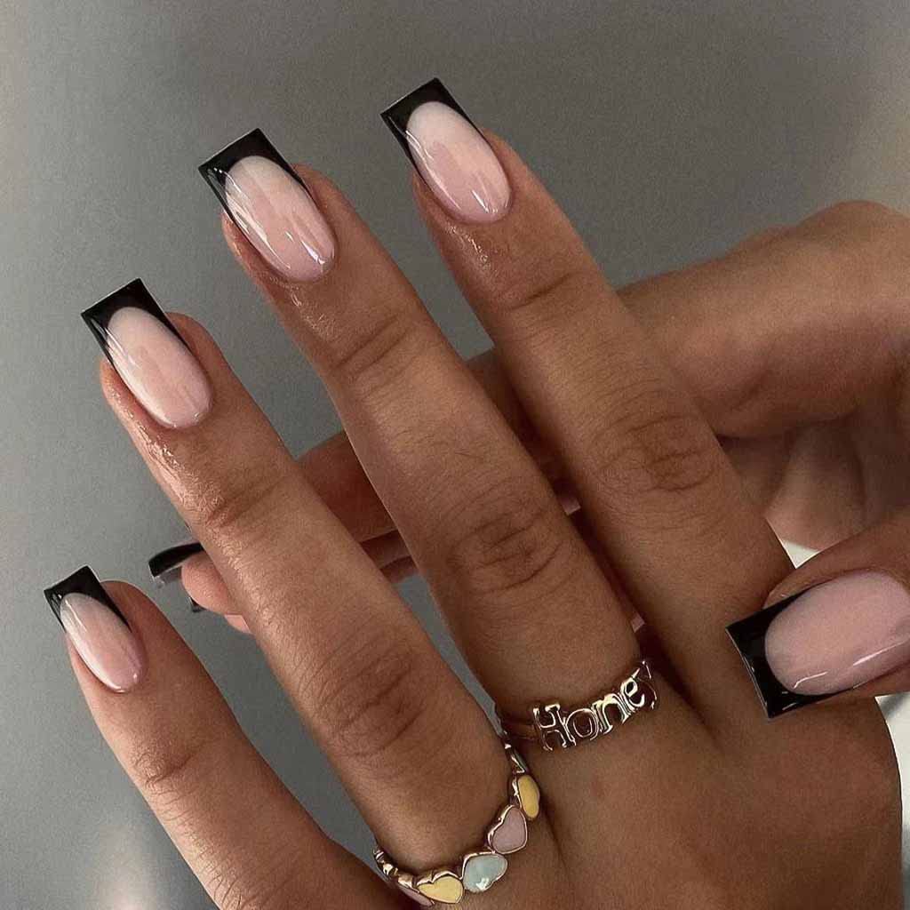 RikView front packaging showing 24-piece black and nude press-on nails for quick style