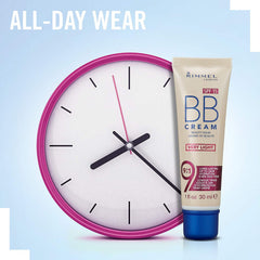 Rimmel BB Cream label closeup highlighting SPF 15 and product benefits
