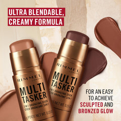 Rimmel bronzing stick being blended with brush for seamless dewy finish