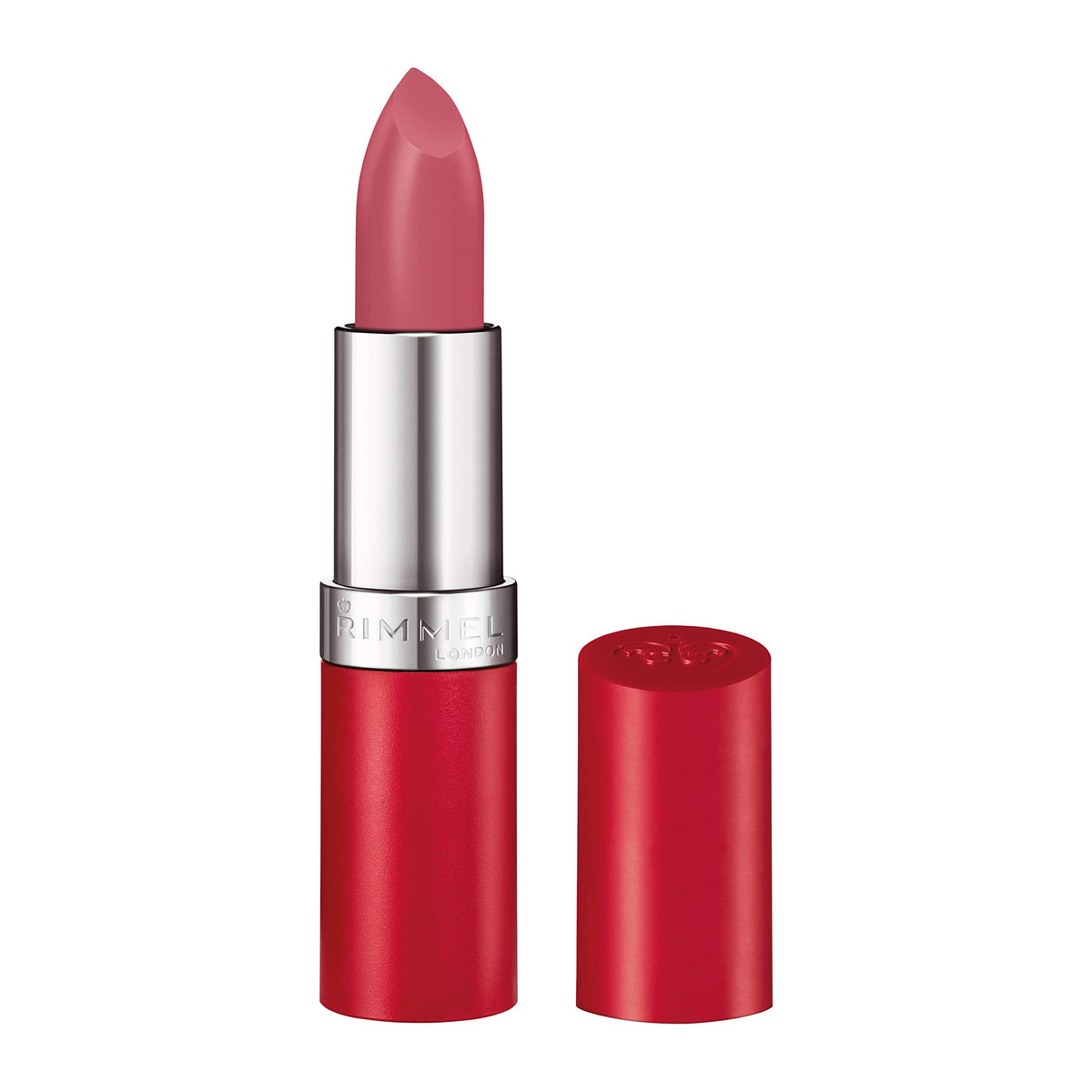 Rimmel lipstick front view showing compact tube and shade 104 for long-lasting color
