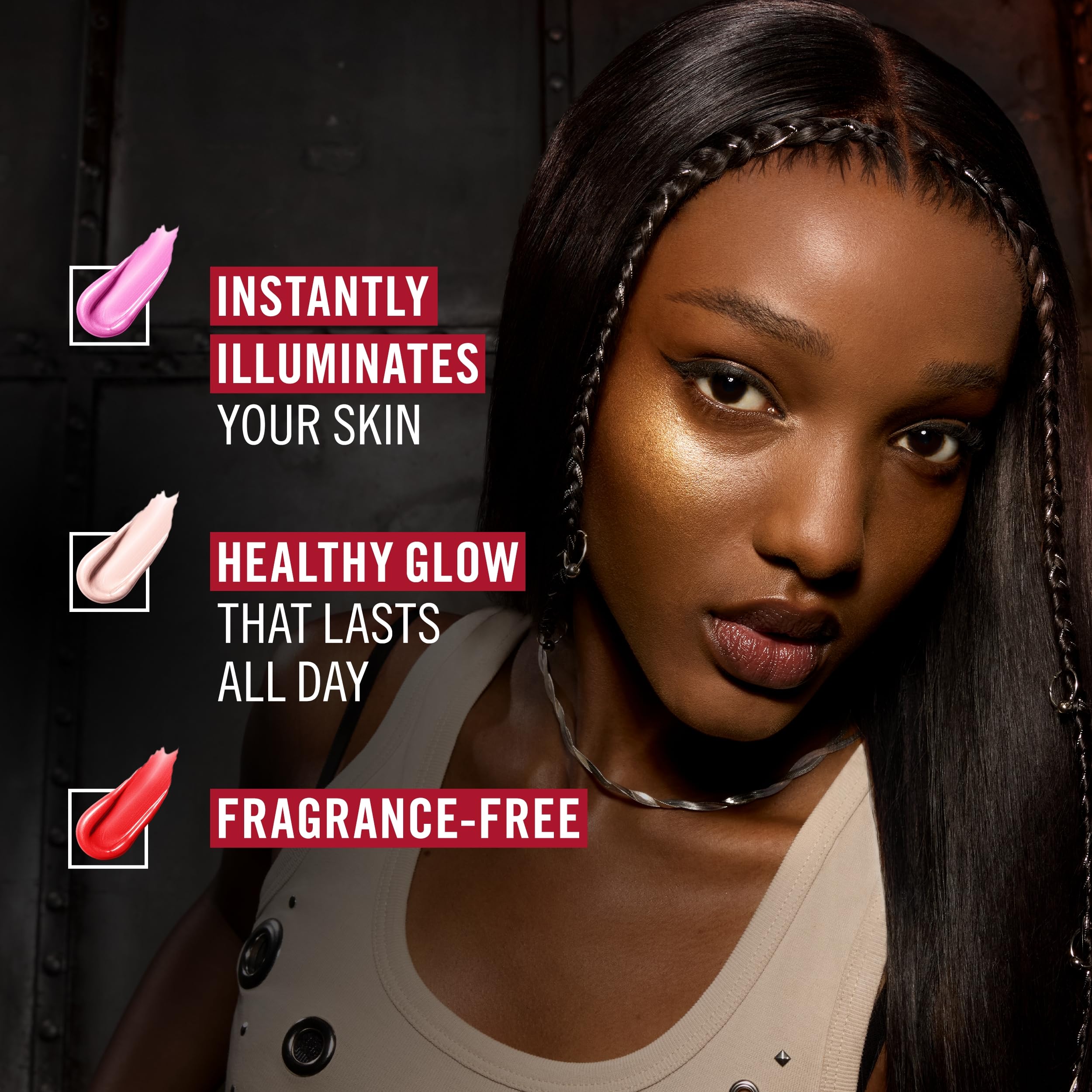 Rimmel close-up of label listing vitamins C and E to emphasize skin-conditioning benefits
