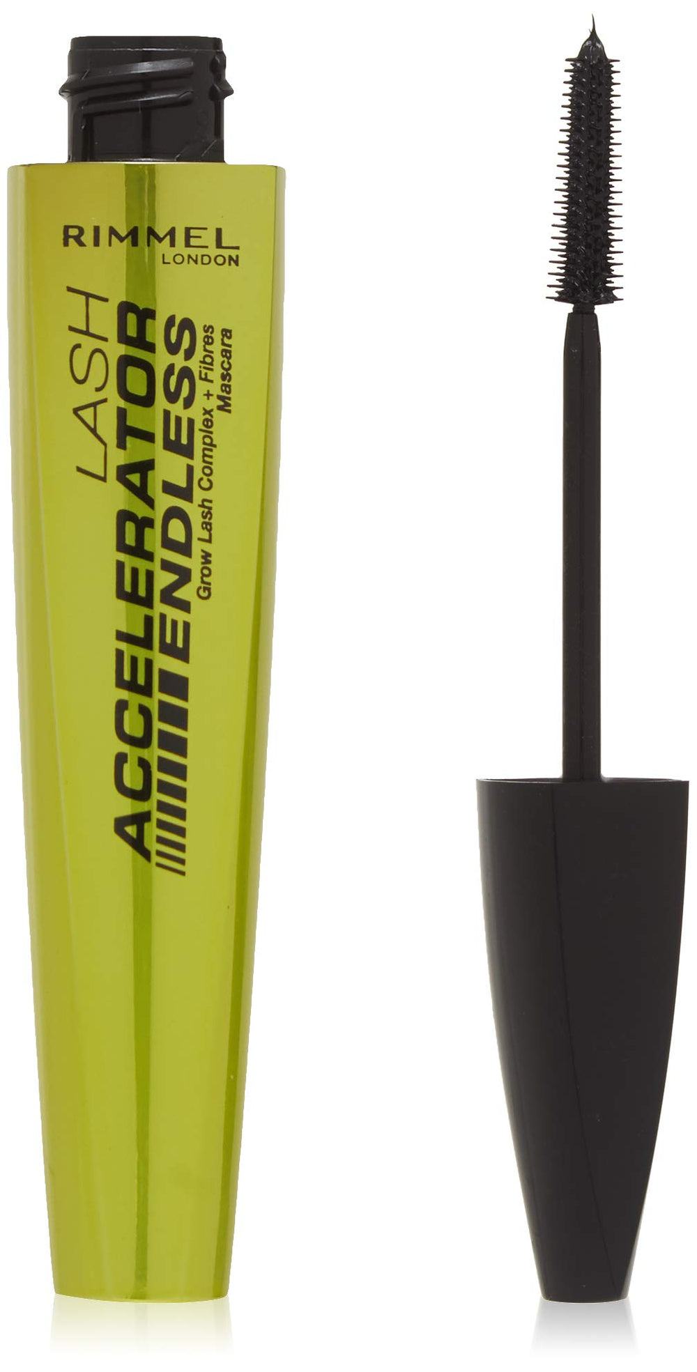 Rimmel Lash Accelerator front packaging showing Extreme Black tube and benefits