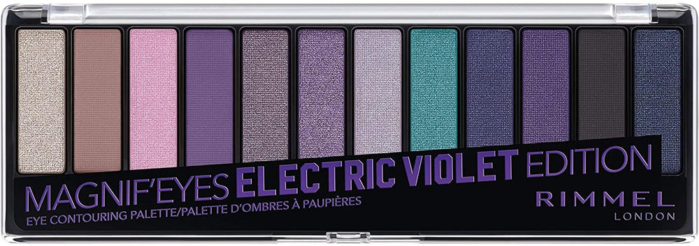 Rimmel Magnif'Eyes front view open showing 12 shades and travel-ready compact