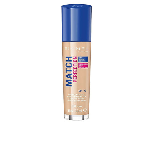 Rimmel Match Perfection front packaging shows shade 100 Ivory and SPF20 protection