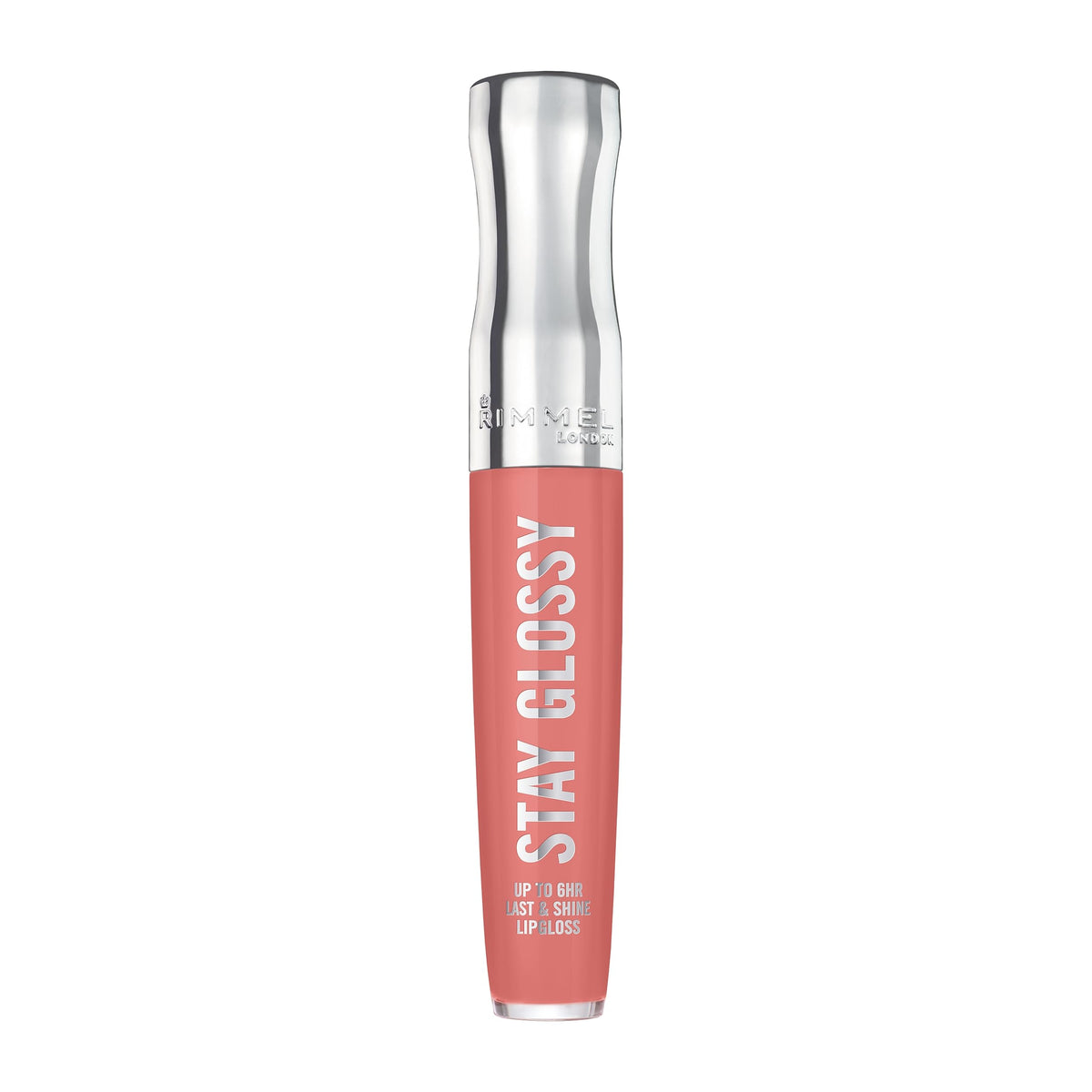 Rimmel front tube showing shade and glossy finish benefit