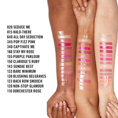 Rimmel lifestyle clutch shot illustrating portable gloss for on-the-go touch-ups benefit