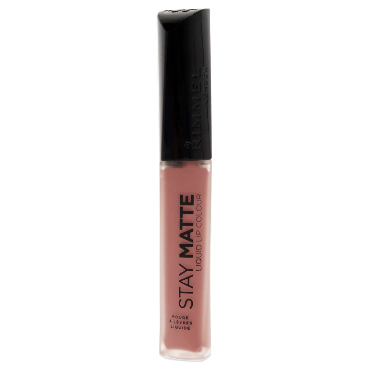 Rimmel front packaging of Stay Matte liquid lip color showing shade 110 Blush and benefits
