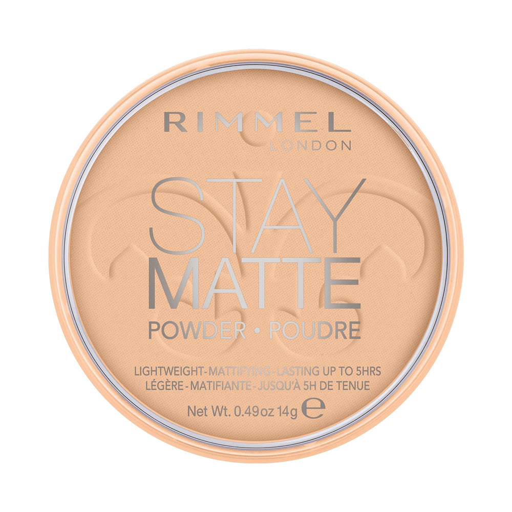 Rimmel Stay Matte powder pan close-up showing smooth pressed surface and even tone