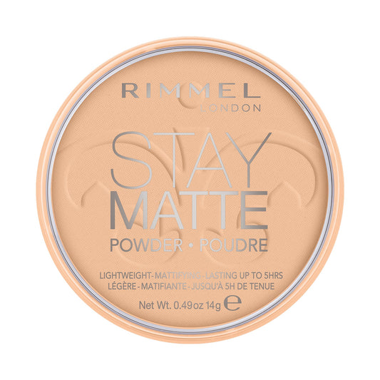 Rimmel Stay Matte powder pan close-up showing smooth pressed surface and even tone