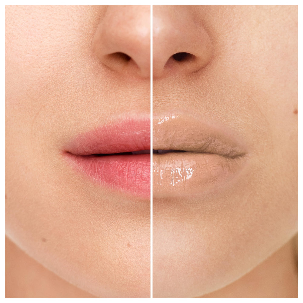 Rimmel Stay Plumped layered over lipstick showing enhanced shine and dimension