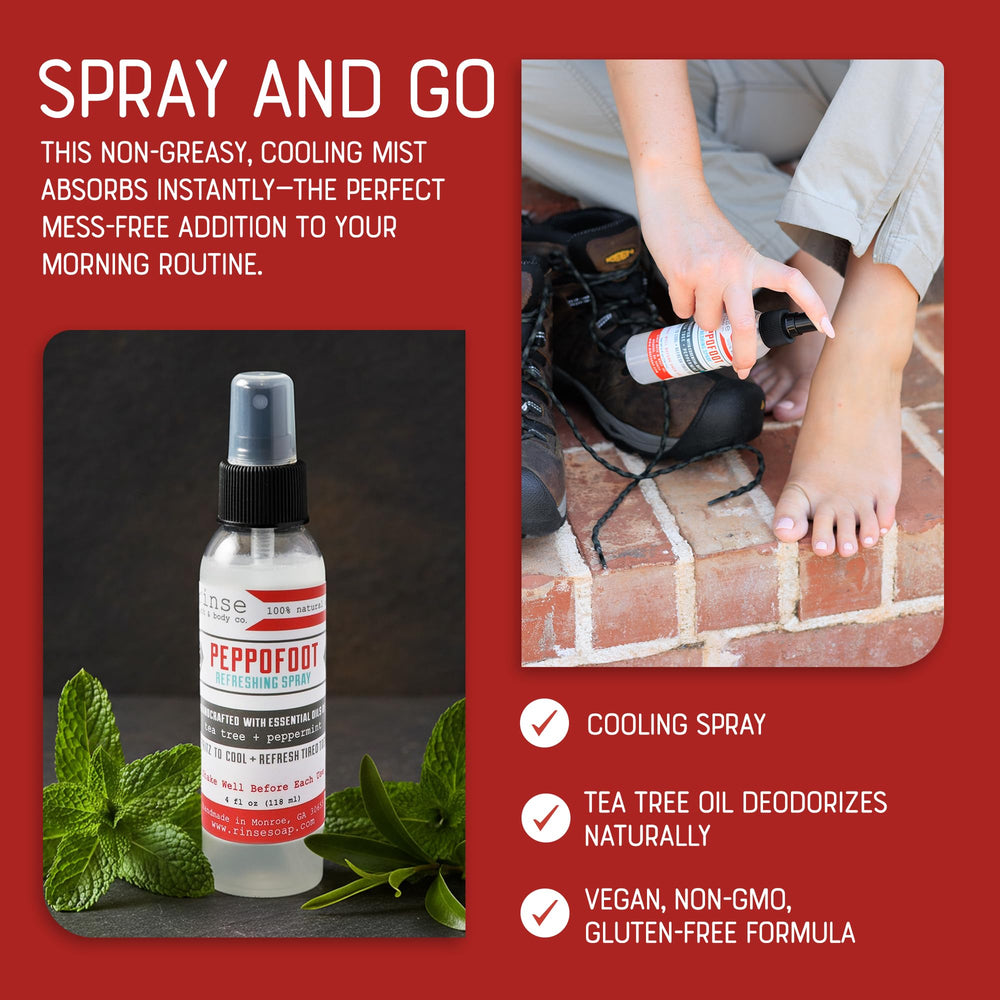 Rinse Bath & Body spray action shot demonstrating quick application and instant cooling feel on feet
