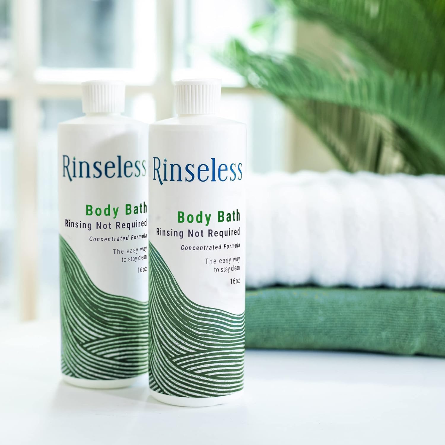 RINSELESS close-up pump and label detail for easy dispensing and quick use