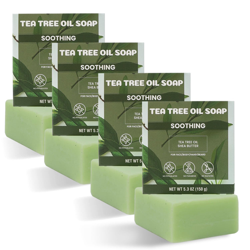 Rinse & Robust front packaging showing four tea tree soap bars and clear labeling for convenience