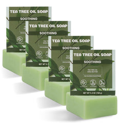 Rinse & Robust front packaging showing four tea tree soap bars and clear labeling for convenience