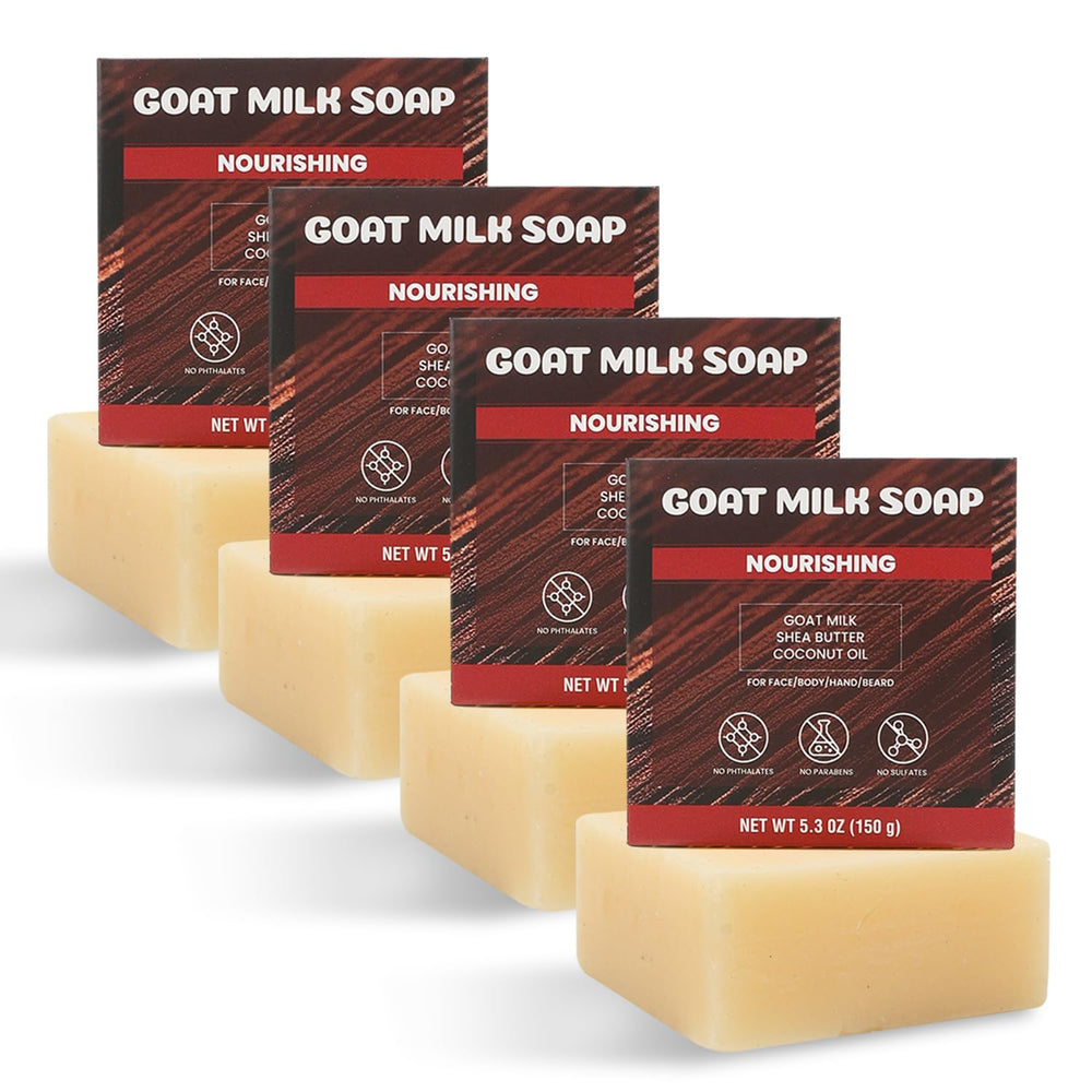 Rinse & Robust front packaging showing four sandalwood soap bars and benefits