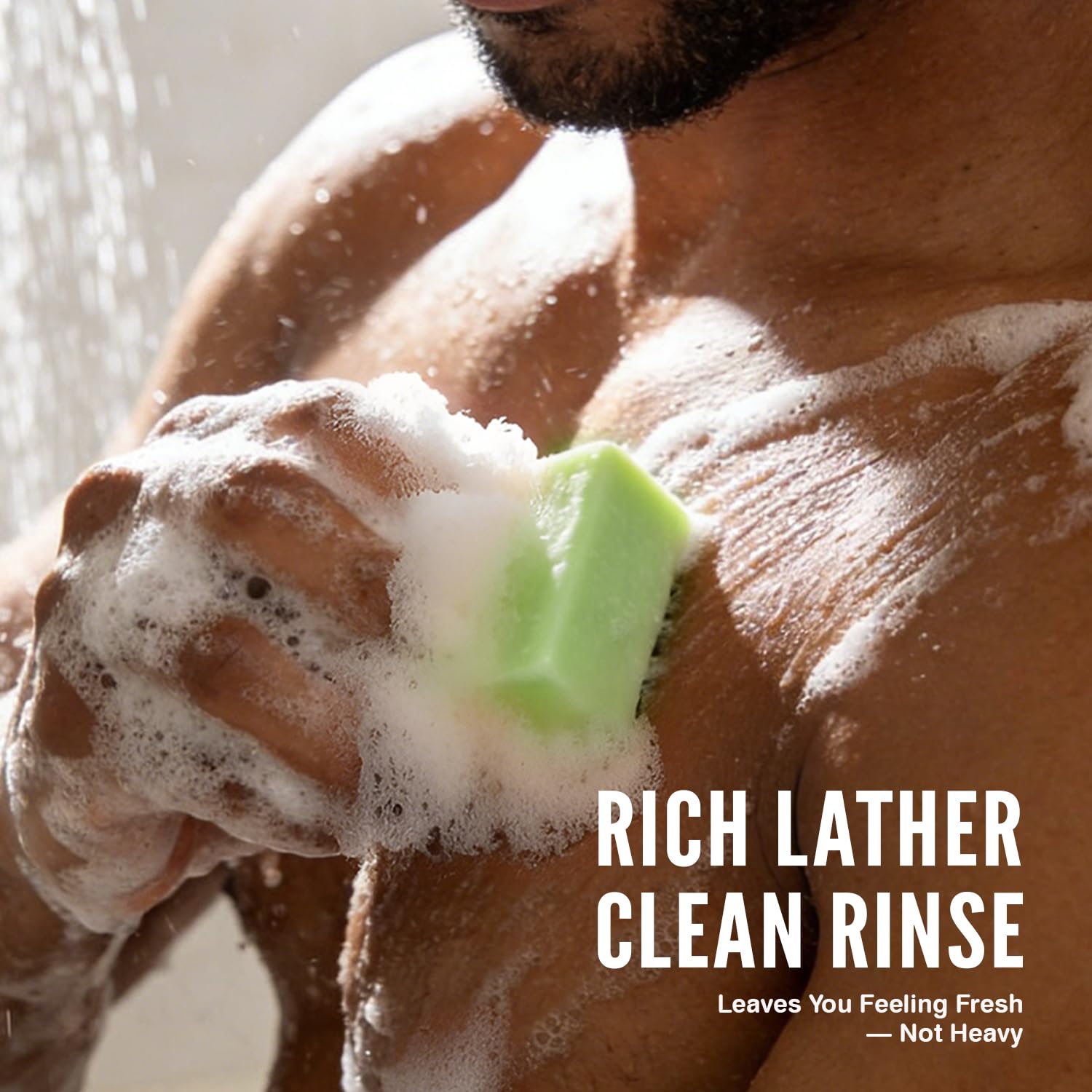 Rinse & Robust soap on bathroom shelf in lifestyle scene suggesting organized grooming routine