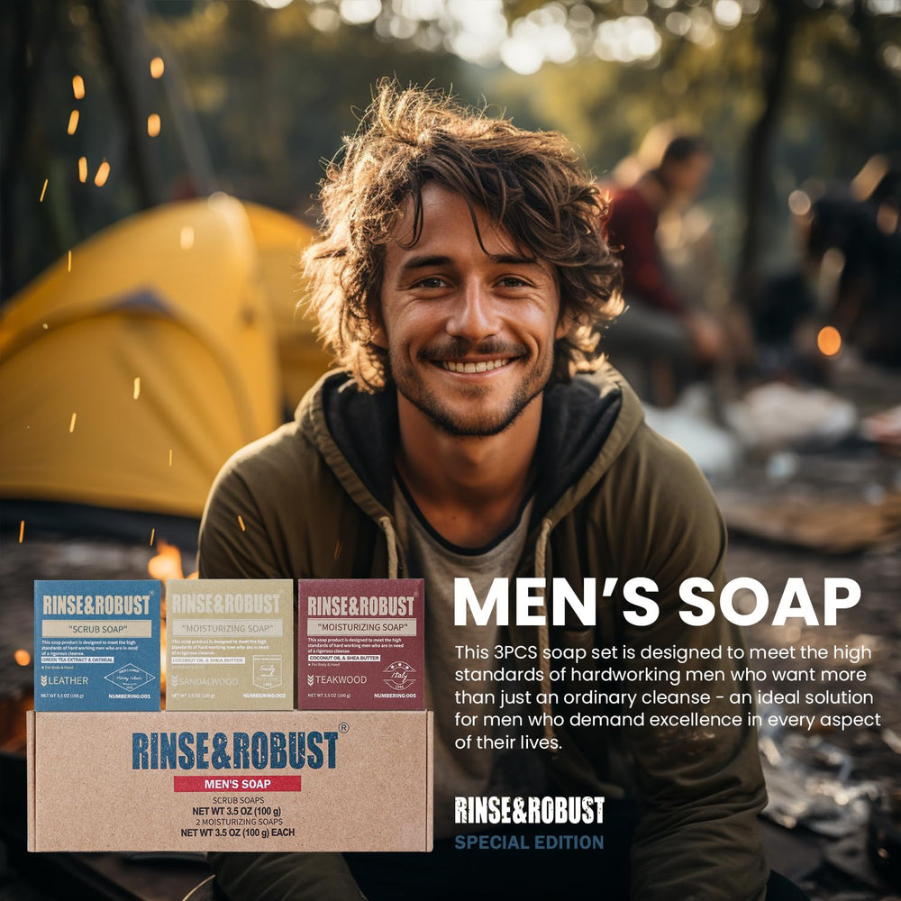Rinse & Robust travel toiletry scene showing compact bars packed for convenience