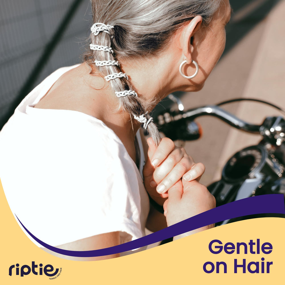 Rip Tie used in a ponytail demonstrating comfortable, long-lasting hold
