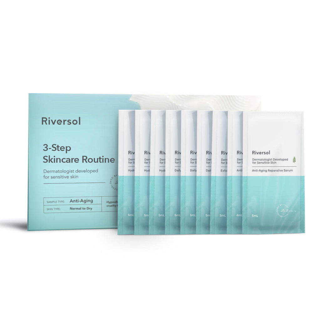 Riversol front packaging of travel-sized three-step kit showing calm skin benefits
