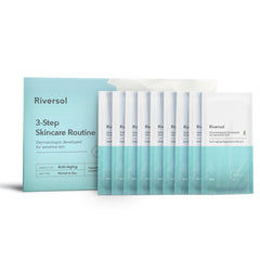 Riversol front packaging of travel-sized three-step kit showing calm skin benefits