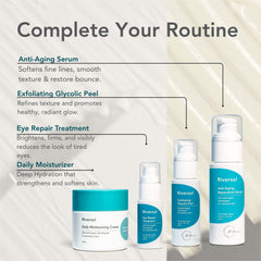 Riversol product label close-up listing retinol, peptides, hyaluronic acid benefits