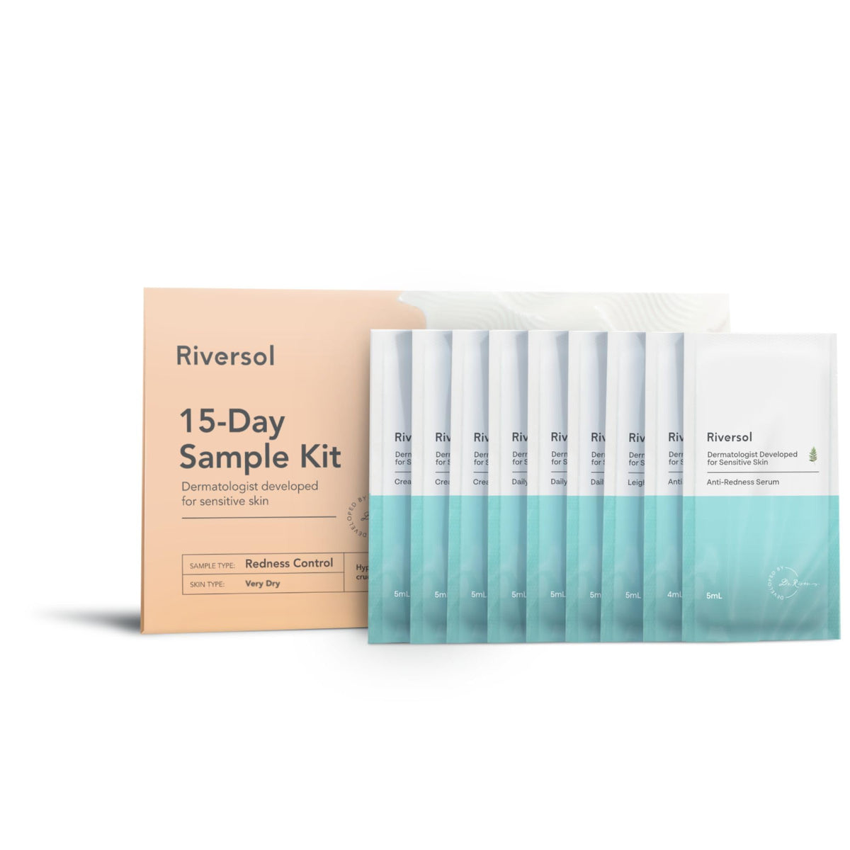 Riversol front packaging showing travel sachets and calm-skin benefit