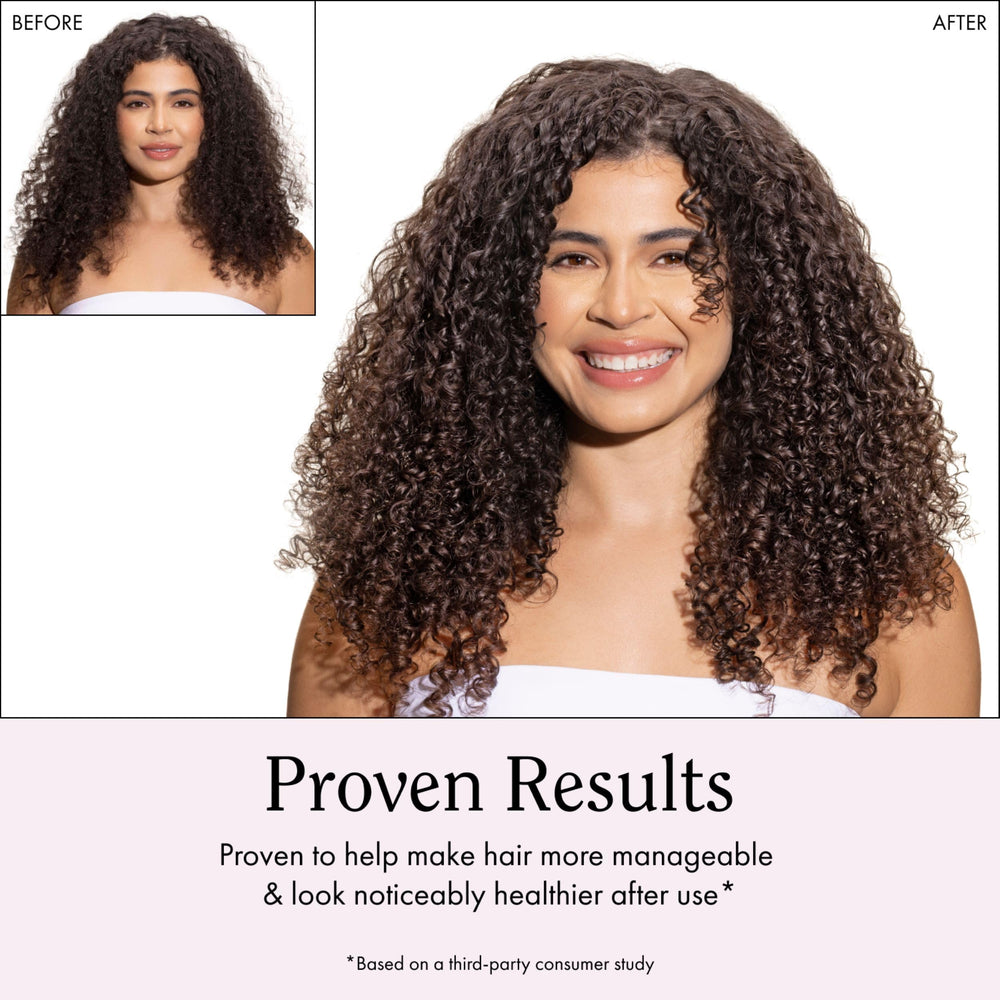 Rizos Curls before and after on curly hair showing improved definition and shine