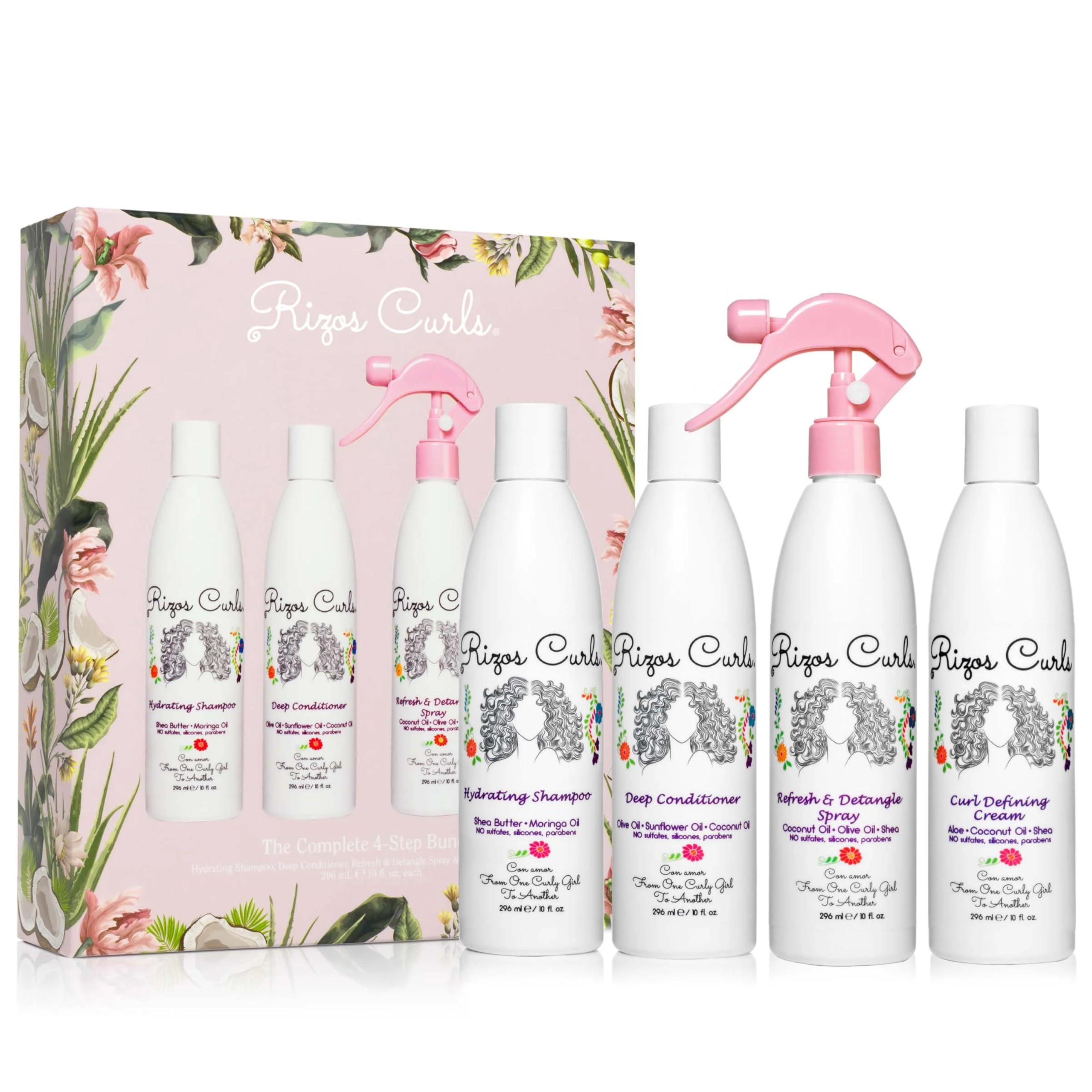 Rizos Curls bundle front packaging showing full four-step set and benefits