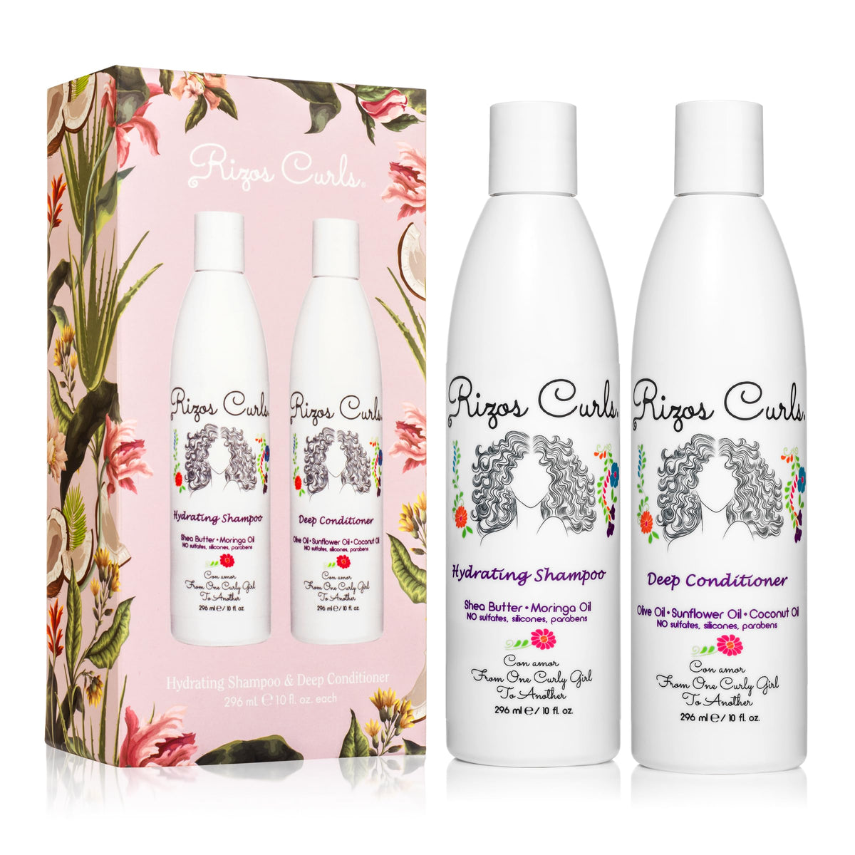 Rizos Curls front packaging showing both shampoo and conditioner for complete care