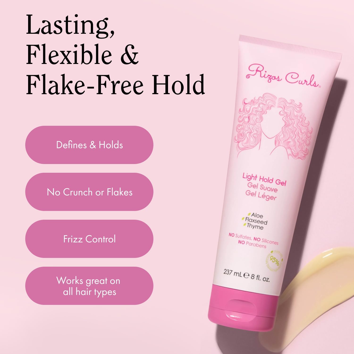 Rizos Curls label with ingredients list highlighting aloe and flaxseed benefits